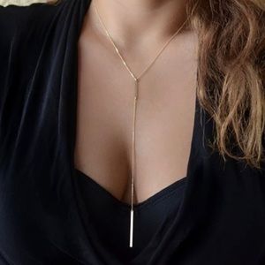 Dainty Gold Jewelry | Simple Long Bar Drop Necklace | Gold Body Chain Necklace